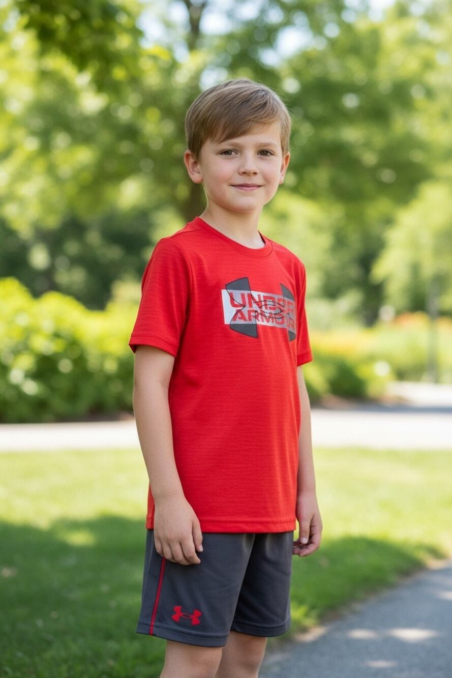 Under Armour Youth Boys Athletic Shirt & Shorts Set Red Gray Size 7 Outfit